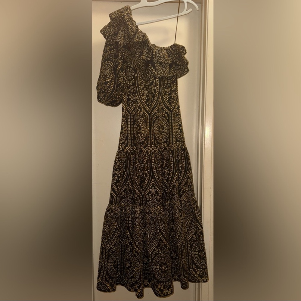 Lisa Marie Fernandez Arden one-shoulder ruffled black gold eyelet maxi dress 2 - Picture 3 of 4